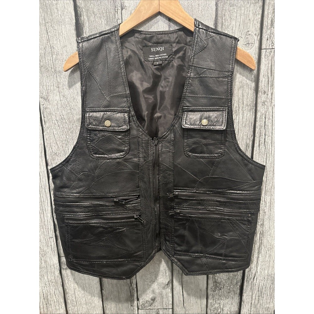 Black Leather Utility Vest for Men